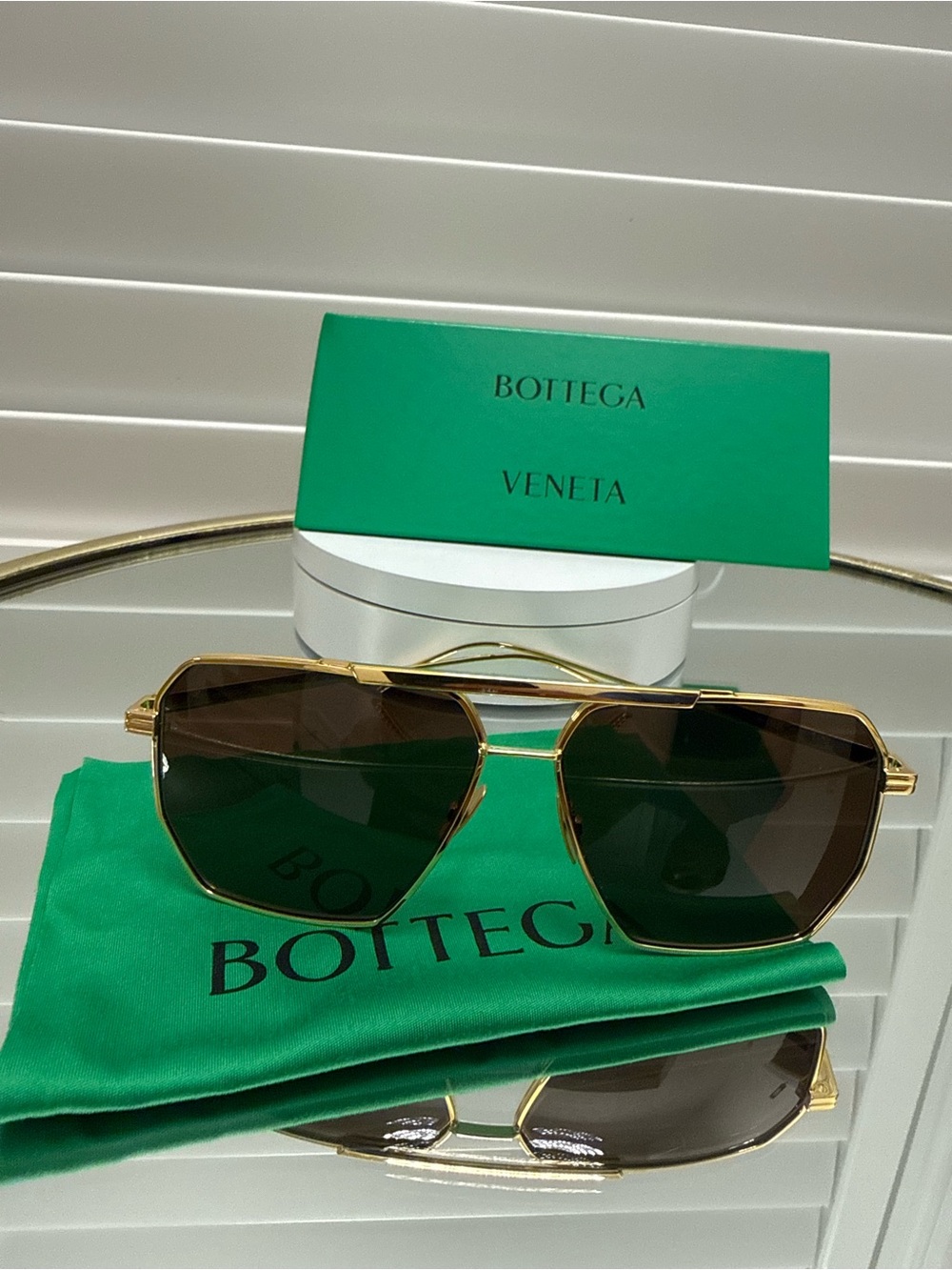 Bottega Veneta Gold Frame Brown Lens Square Aviator Sunglasses